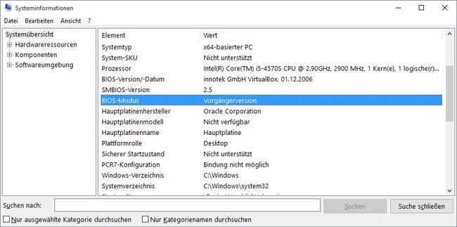 In den Systeminformationen zeigt Windows 10 den aktuellen BIOS-Modus an. „Vorgängerversion“ steht für BIOS.