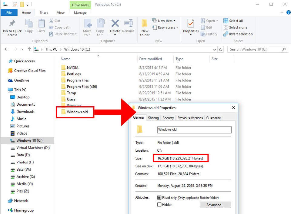 Windows 10: Der Ordner Windows.old kann sehr groß werden und viel Speicherplatz belegen.