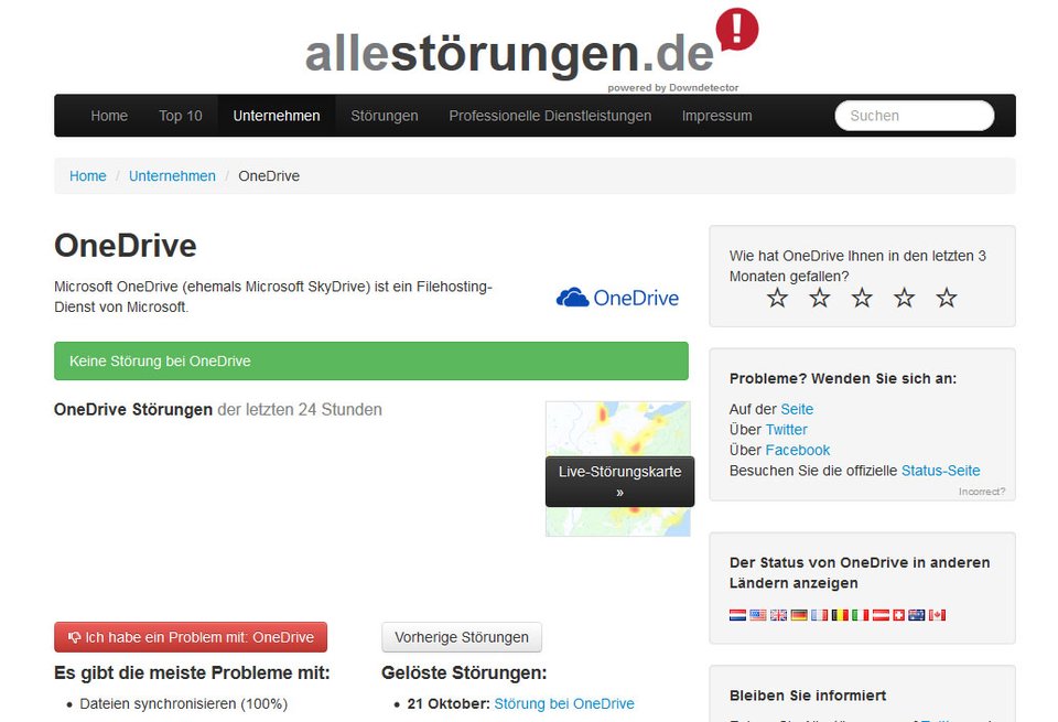 Die Webseite Allestörungen.de zeigt in dem Beispiel an, dass keine Störungen bei OneDrive vorliegen. Bildquelle: Allestörungen.de