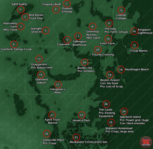 Standorte aller Siedlungen in Fallout 4 (Bildquelle: gosunoob.com).