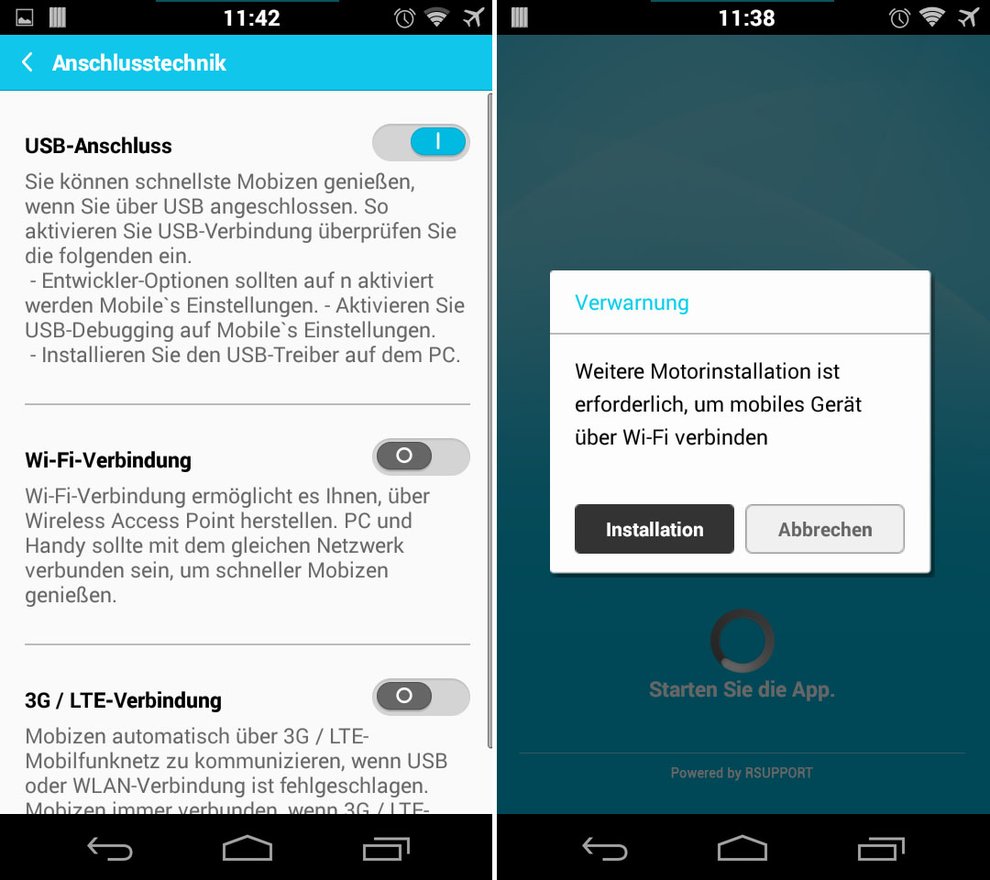 In den App-Einstellungen von Mobizen könnt ihr die Verbindungsart einstellen. Für eine WLAN-Verbindung werden weitere Software installiert.