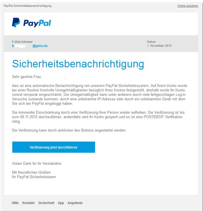 paypal sicherheitsbenachrichtigung original phishing mail