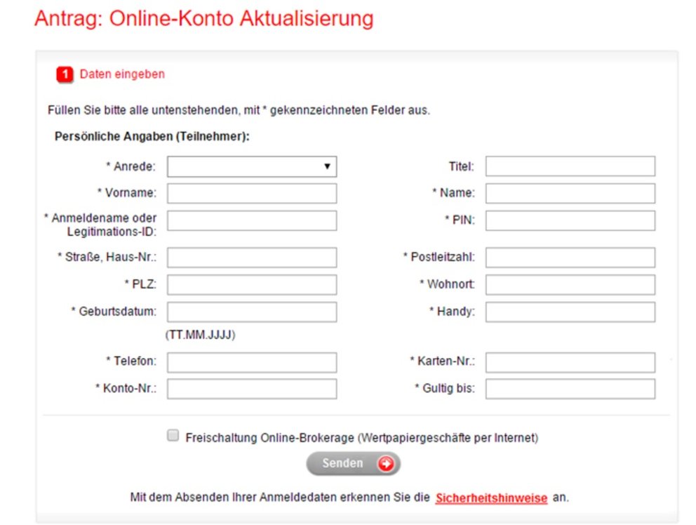 Sparkasse Phishing Formular für den Datenklau