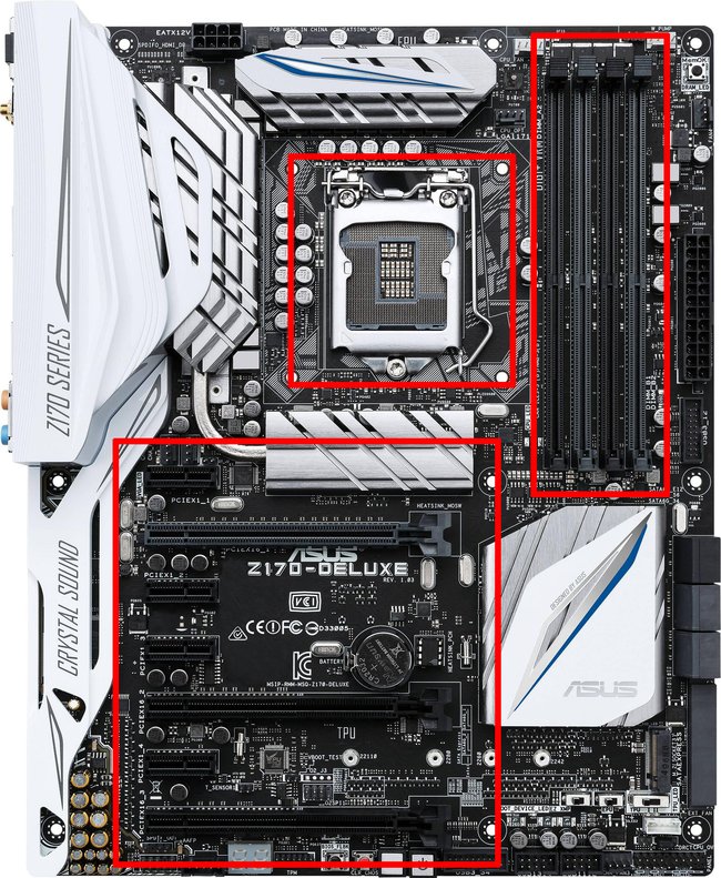 Oben in der Mitte: der CPU-Sockel; rechts daneben: RAM-Bänke, unten links: PCIe-Slots. Bildquelle: Asus / Edit: GIGA