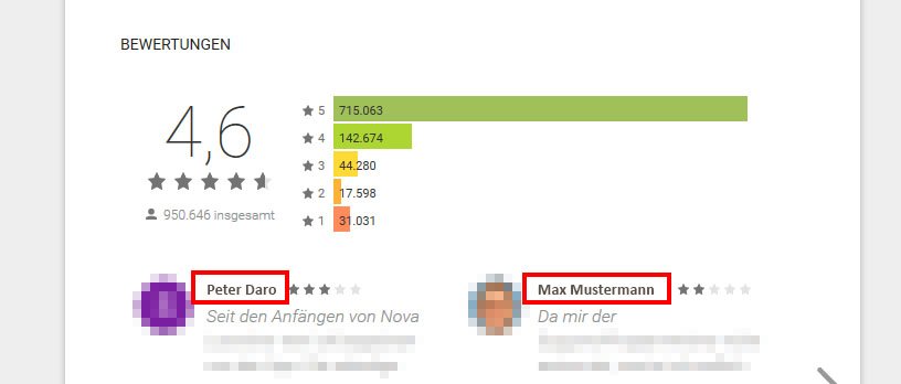 Oft wird der volle Name (Vorname und Familienname) angezeigt, wenn ihr Rezensionen schreibt.