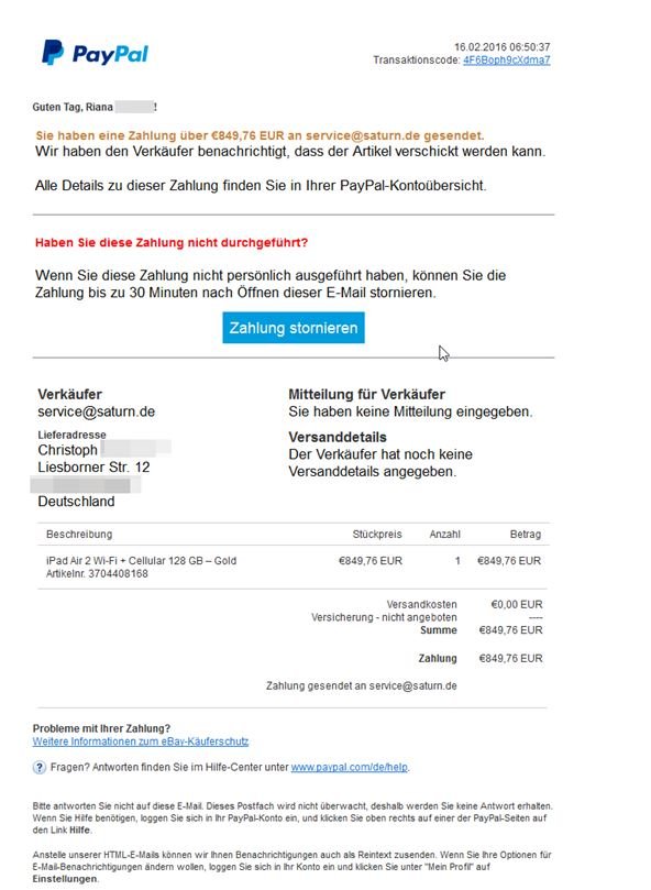 Saturn Paypal Mail