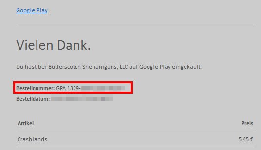 Google-Bestätigung: Die Bestellnummer für Crashlands beginnt mit "GPA" und einem Zahlencode, der durch Bindestriche getrennt ist.