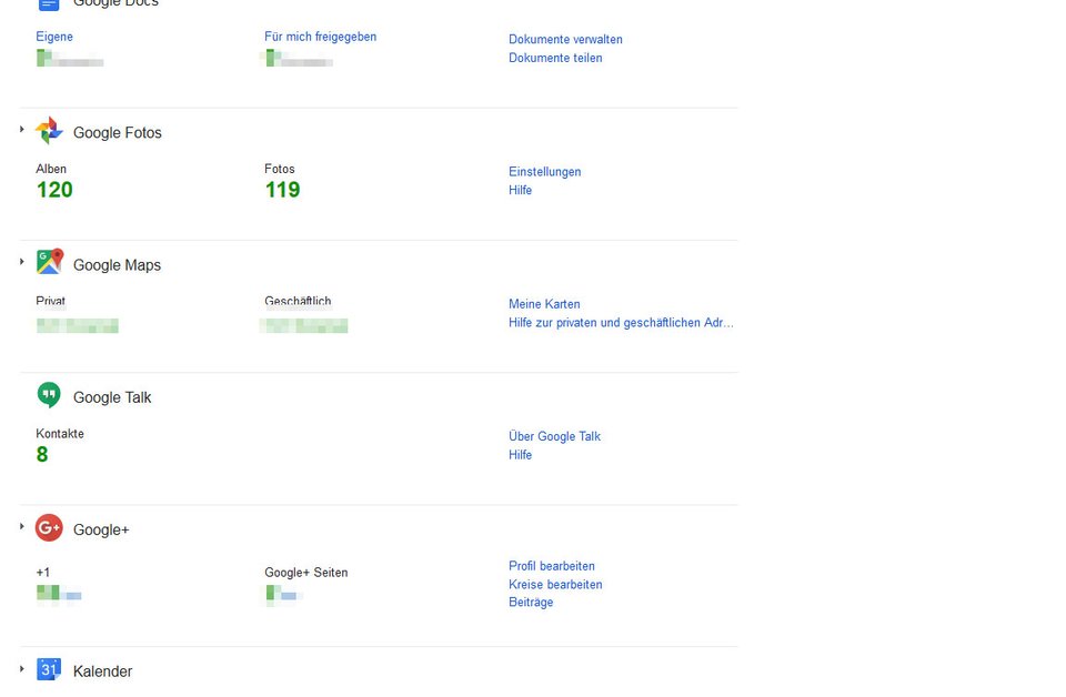 Das Google-Dashboard zeigt euch eine Fülle an gespeicherten Daten eurer genutzten Apps und Dienste an.
