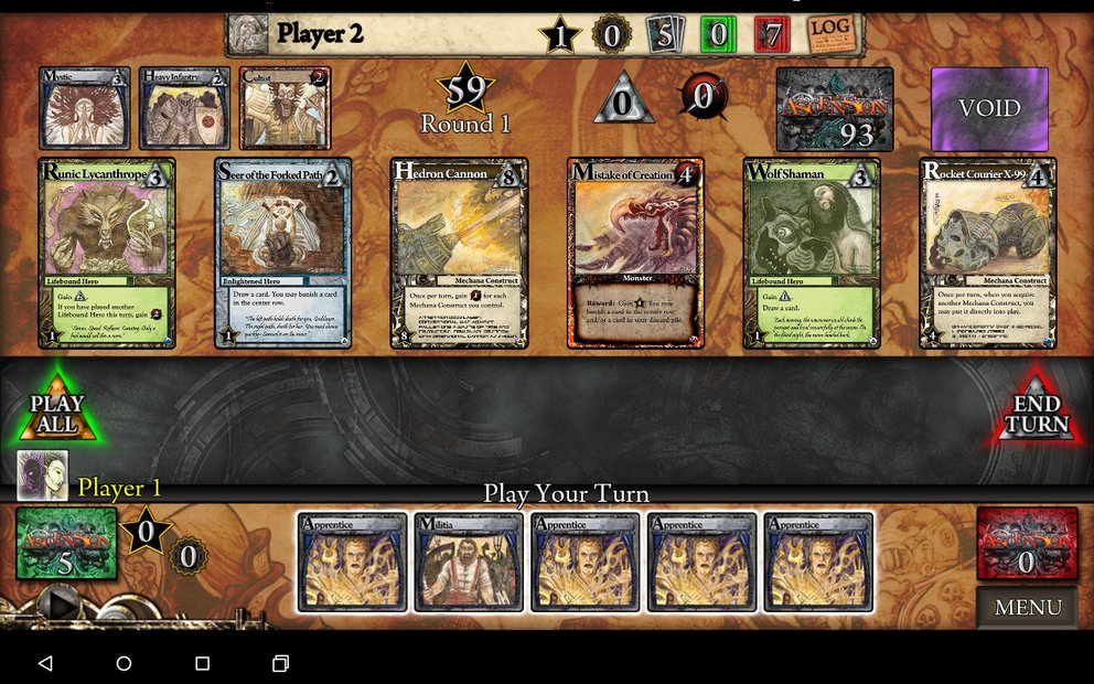 Runde für Runde ziehen die Spieler 5 Karten aus ihrem Deck (das zu Beginn nur aus 10 Karten besteht) und erwerben Karten aus der Mitte oder besiegen Monster (rote Karten)
