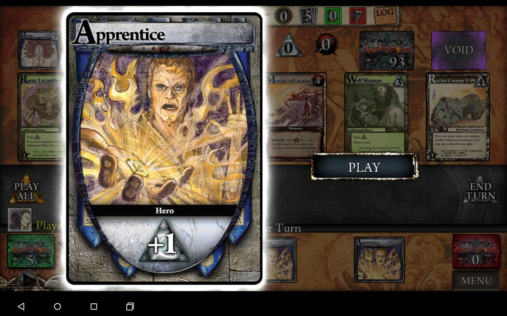Eine der beiden Grundkarten, mit denen alle Spieler anfangen: Der Apprentice, der Runen zum Erwerb von Karten gibt.
