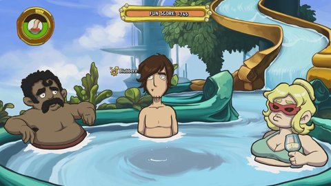 Die eingestreuten QTEs, wie hier die Furzerei im Whirlpool, sind spielerisch unbedeutend und nerven eher.
