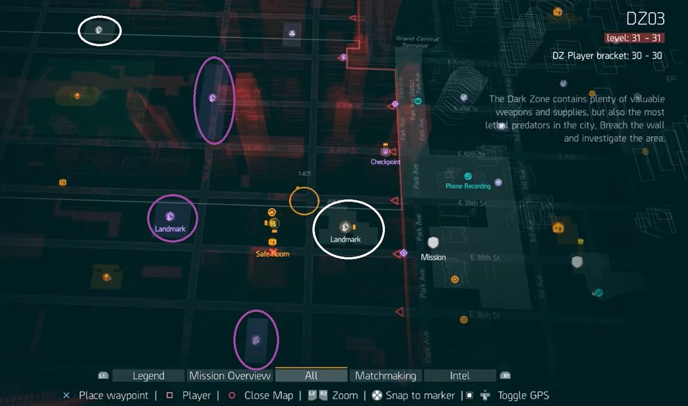 Wahrzeichen-Bereiche in Lila beherbergen einen Boss. In weißen Bereichen ist noch kein neuer Boss gespawnt.