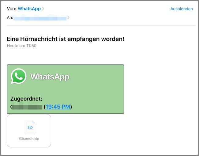 So sieht die angebliche WhatsApp-E-Mail mit der Hörnachricht aus.