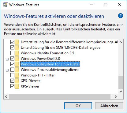 Windows 10: In den Windows-Features installiert ihr das "Windows Subsystem for Linux".