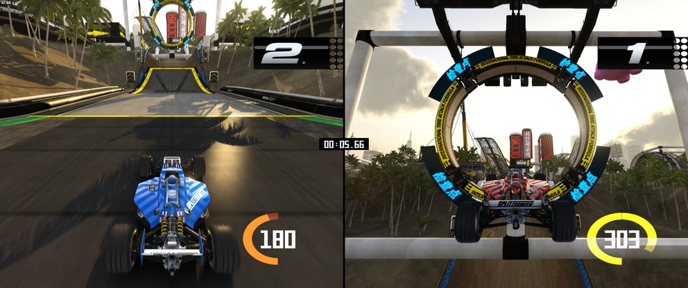 Couch-Multiplayer: Für Trackmania Turbo im Splitscreen ist ein UWQHD-Monitor geradezu prädestiniert