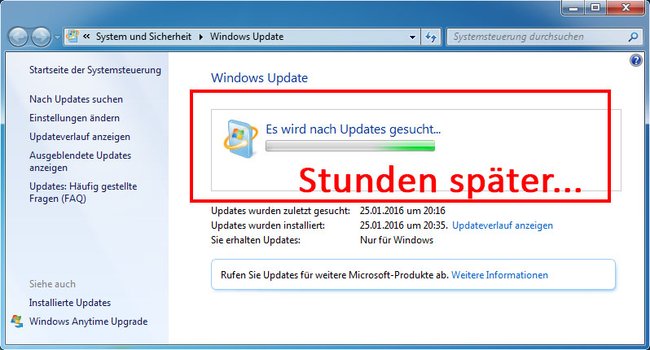 Windows 7 findet keine Updates, auch nach Stunden nicht.