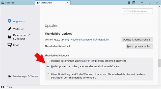 Thunderbird Automatische Updates de-aktivieren