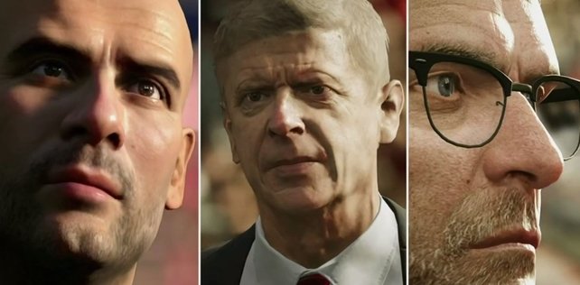 Pep Guardiola, Arsène Wenger und Jürgen Klopp (v.l.n.r.) werden als Modell in FIFA 17 dabei sein.