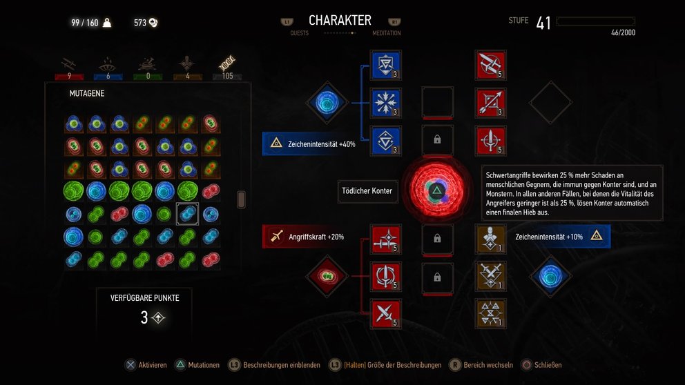 Wir haben hier eine rote Mutation aktiv. Dementsprechend können wir die neuen Fertigkeitenplätze nur mit roten Skills bestücken.