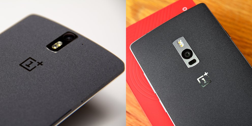 Die Vorgänger OnePlus One (links) und OnePlus 2 besaßen noch eine Rückseite in „Sandstone-Black“-Plastik