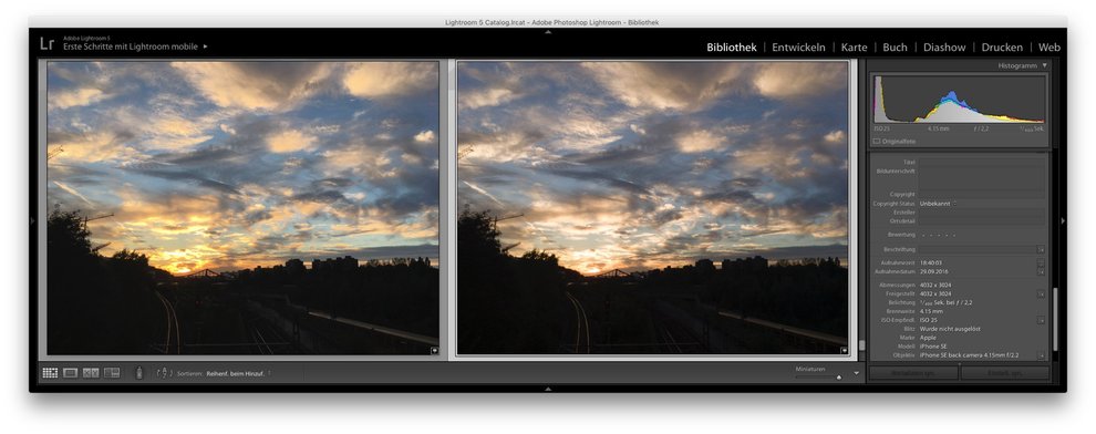 Weiterbearbeitung in Lightroom auf dem Mac: Links die JPG-Vorschau des iPhones, rechts DNG. Camera Raw 8.7, offiziell unterstützt wird das iPhone -RAW erst mit Camera Raw 9.7.