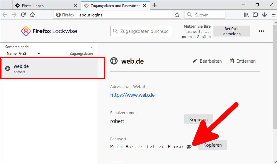 Hat Firefox euren E-Mail-Login gespeichert, könnt ihr hier das Passwort anzeigen lassen. Bild: GIGA