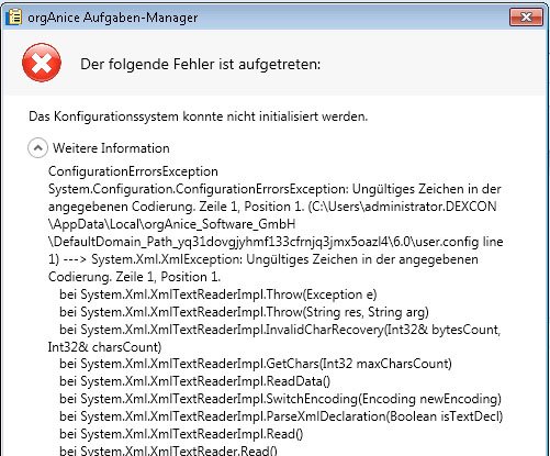 Der Fehler "Das Konfigurationssystem konnte nicht initialisiert werden". Bildquelle: support.organice.de