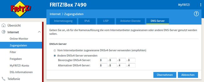 Hier ändert ihr den eingestellten DNS-Server eurer Fritzbox. (Bildquelle: GIGA)