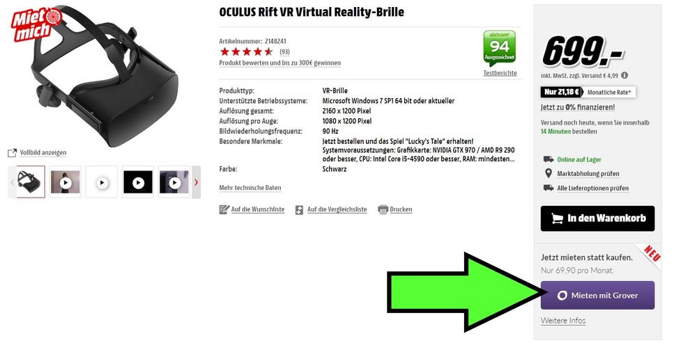Der „Mieten mit Grover“-Button ist bei entsprechenden Produkten unter dem Warenkorb zu finden (Quelle: Screenshot Meidamarkt)
