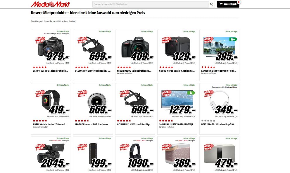 Media Markt: Rund 500 verschiedene Produkte können gemietet werden (Screenshot: Media Markt Webseite)