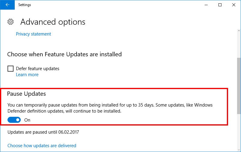 Im Windows-Build 14997 ließen sich Updates noch 35 Tage aufschieben.
