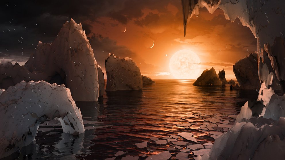 Flüssiges Wasser und eine atemberaubende Aussicht: So könnte es auf der Oberfläche des fünften Planeten „TRAPPIST-1f“ aussehen (Quelle: NASA/JPL-Caltech)