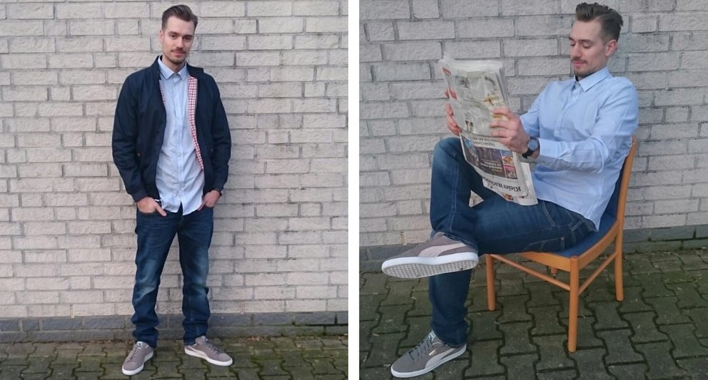 Legerer Millenial meets Worker-Chic: Theo sieht so „fly“ in seinen Outfittery-Klamotten aus, dass wir uns das „Vorher“-Bildchen sparen