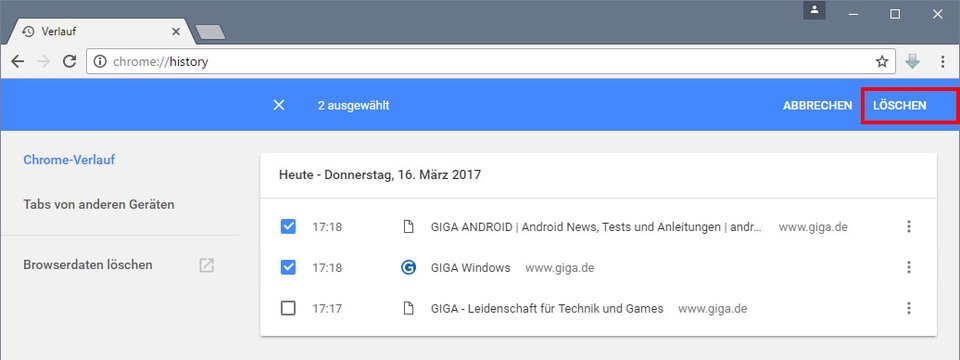 So zeigt Chrome den Verlauf an. Oben rechts könnt ihr ausgewählte Einträge löschen.