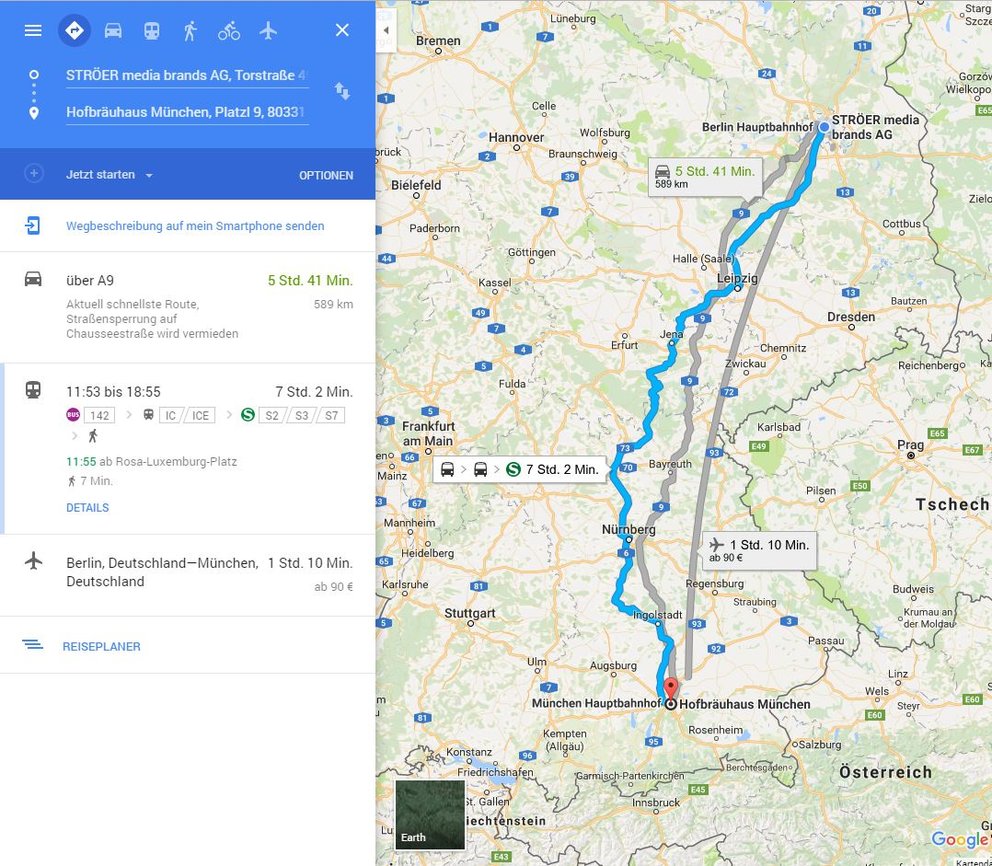 Von der GIGA Redaktion zum Hofbräuhaus – Google Maps schlägt uns zunächst nur Auto, Bahn und Flieger vor