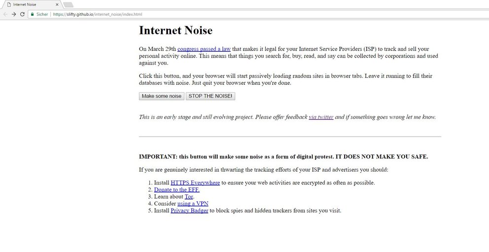 Die Webseite Internet Noise führt sinnlose Google-Anfragen aus, um den Browserverlauf zu verfremden (Quelle: Screenshot)