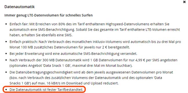 Kleingedrucktes auf der WinSIM-Website: „Fester Tarifbestandteil“ bedeutet, dass die Datenautomatik nicht abgeschaltet werden kann.