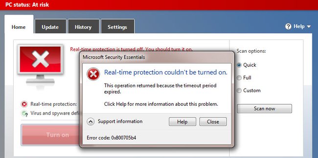Der Fehler 0x800705B4 in den Microsoft Security Essentials.