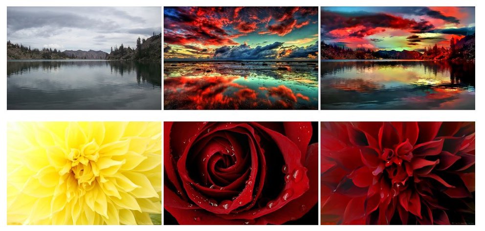 Aus den Fotos links werden mit Zugabe eines weiteren Fotos (Mitte) neue Ergebnisse berechnet (rechts), die den Inhalt des ersten Bildes mit dem Stil des zweiten Bildes vereinen (Quelle: https://github.com/luanfujun/deep-photo-styletransfer)