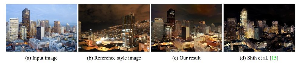 Die Skyline einer Stadt wird mit der Skyline einer anderen Stadt kombiniert. Das Ergebnis erhält Motiv und Farben auf beeindruckende Weise. (Quelle: https://arxiv.org/abs/1703.07511)