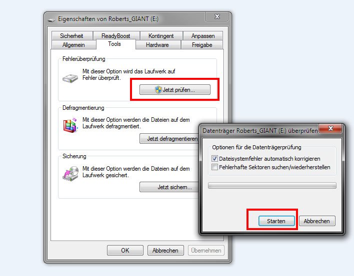 Prüft, ob Windows den Fehler selbst finden und korrigieren kann.
