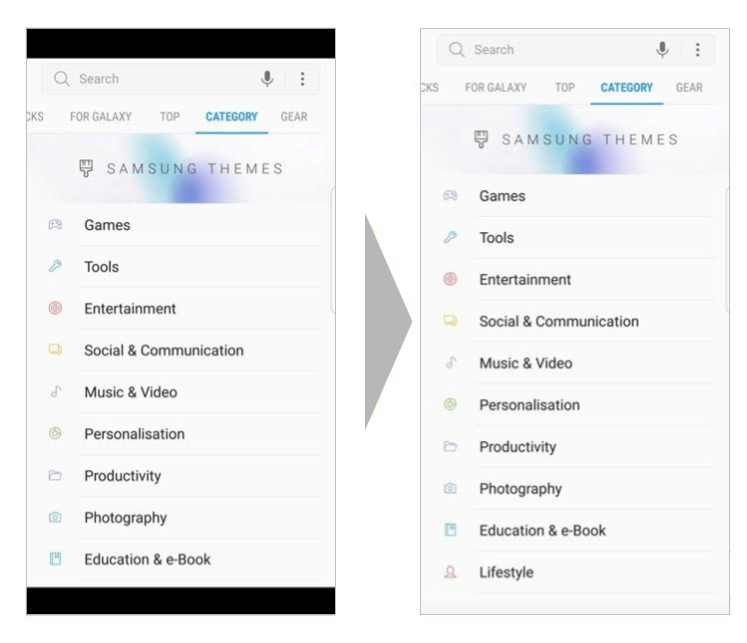 Links eine App, die nicht für das 18:9-Format angepasst ist.
