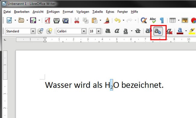 LibreOffice Writer: Klickt auf das Symbol, um Text tiefzustellen.