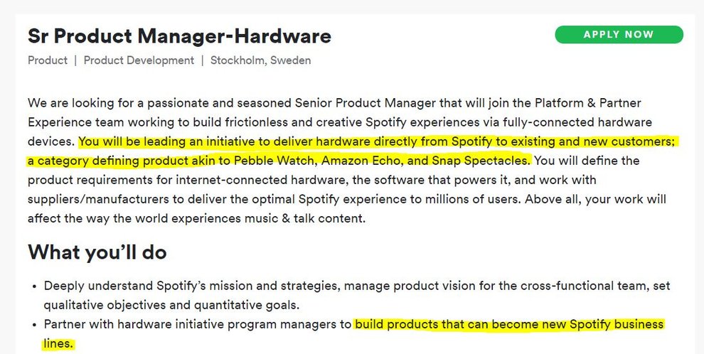 Die Spotify-Stellenausschreibung „Sr Product Manager-Hardware“ verrät womöglich die Zukunftspläne des Musikstreamingdiensts (Quelle: Screenshot Spotify Webseite, Hervorhebungen von der GIGA-Redaktion)