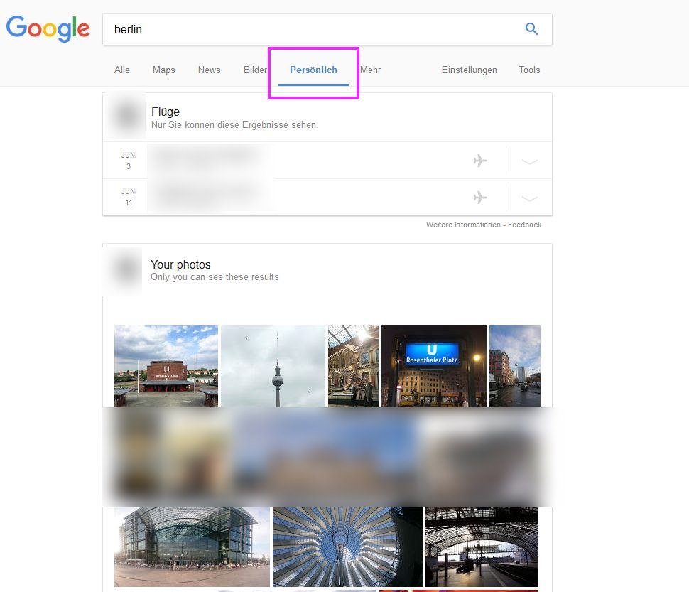 Googles neuer Tab „persönlich“ zeigt unter anderem Treffer in der eigenen Fotosammlung oder Flugverbindungen