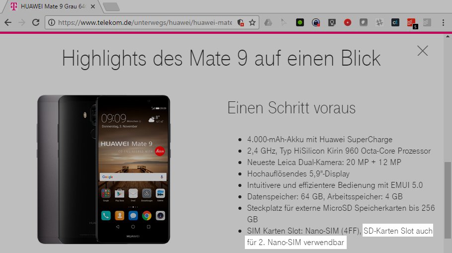 Die Deutsche Telekom bietet das Huawei Mate 9 im Rahmen ihrer Verträge als Dual-SIM-Version an (Screenshot: telekom.de)