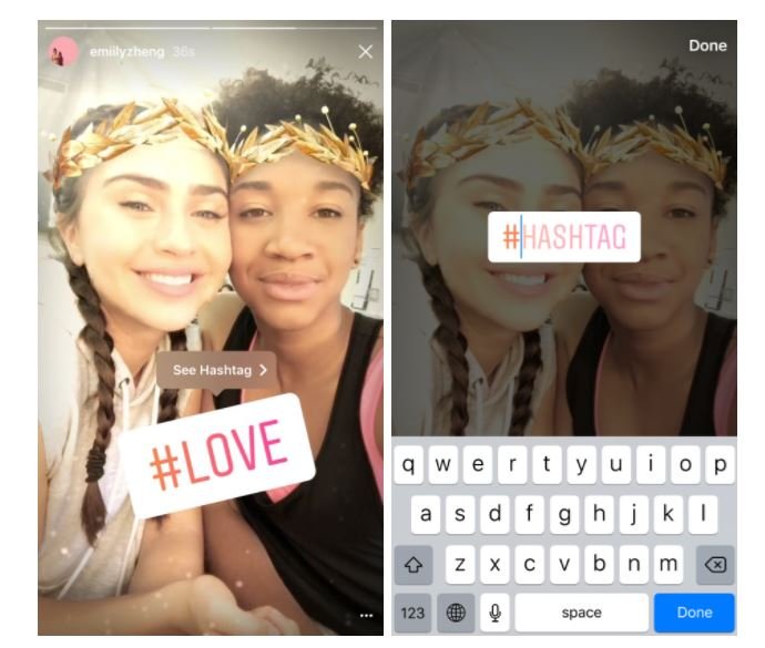 Hashtag Sticker sind gut sichtbar und verweisen auf passende Inhalte in Instagram (Quelle: Instagram)