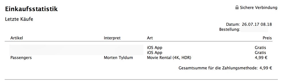 Auch in unserem Test zeigte iTunes den Film „Passengers“ als „4K, HDR“. Der Download war jedoch nur in 720p.