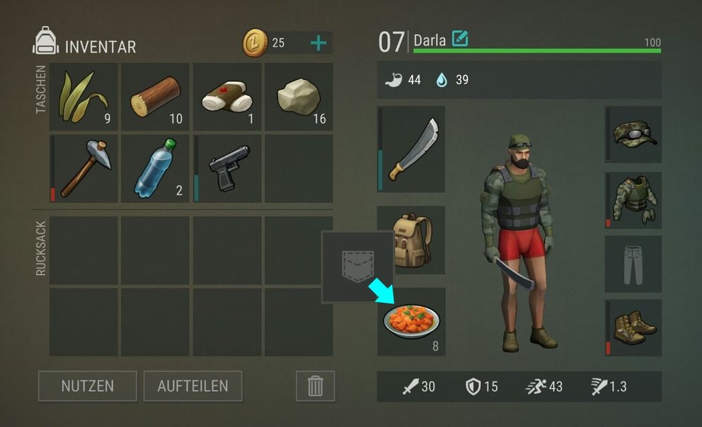 Wusstet ihr schon, dass ihr euer Essen in die Hosentasche stecken könnt? So verbraucht es keinen Platz, wenn ihr auf Reisen geht - und wenn ihr kurz vorm Verhungern seid, wird euch das Essen in der Schnellauswahl unter der aktuellen Waffe angezeigt. Praktisch!
