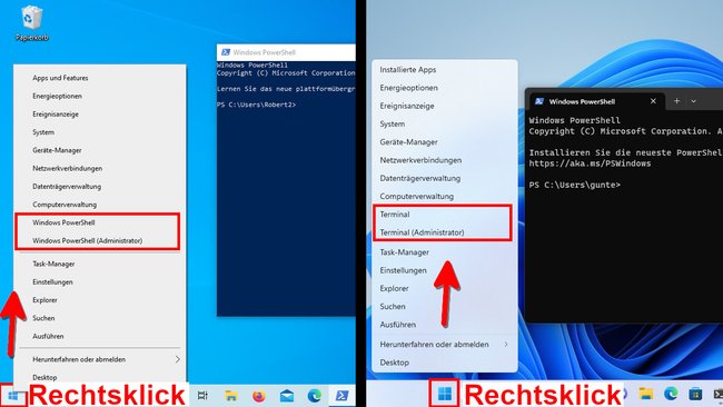 In Windows 10 (links) klickt ihr auf „PowerShell“. In Windows 11 (rechts) hat Microsoft den Eintrag in „Terminal“ geändert. (Bildquelle: GIGA)